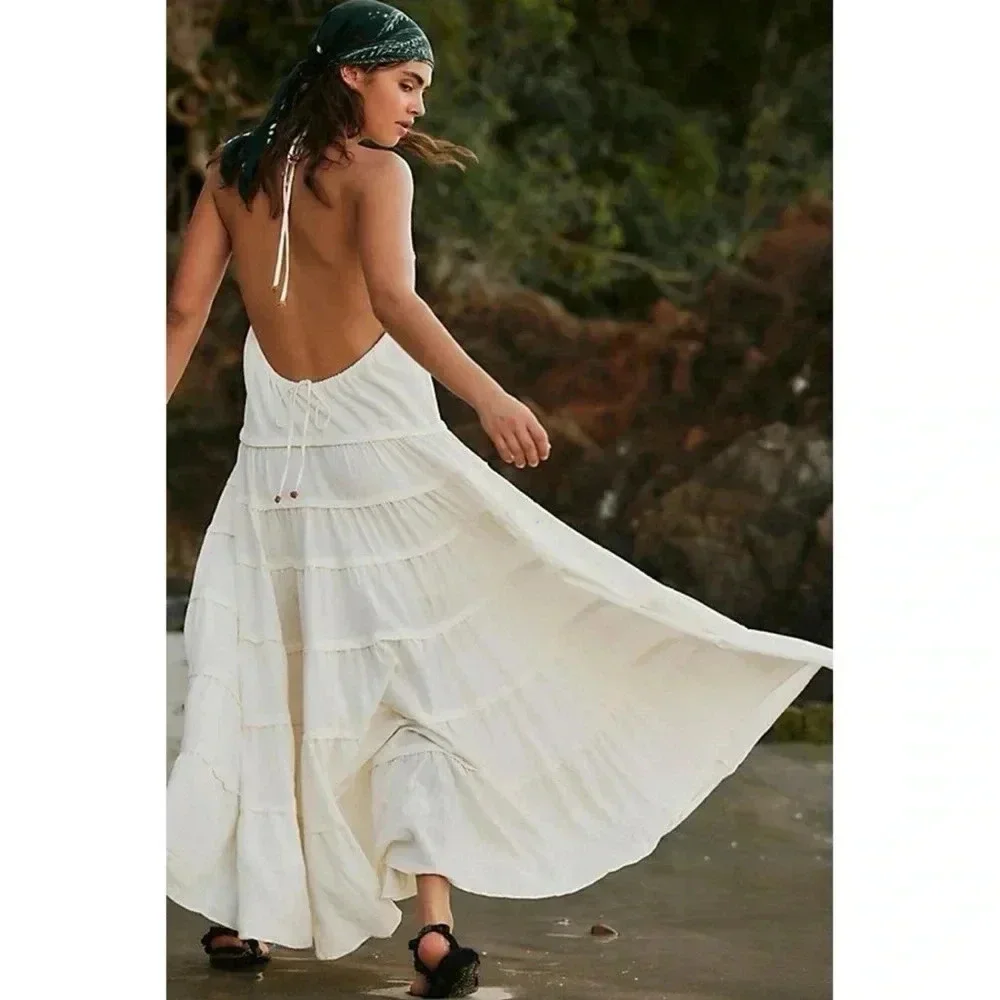 NWT Free People Somewhere Sunny Halter Maxi Dress White Swan Medium